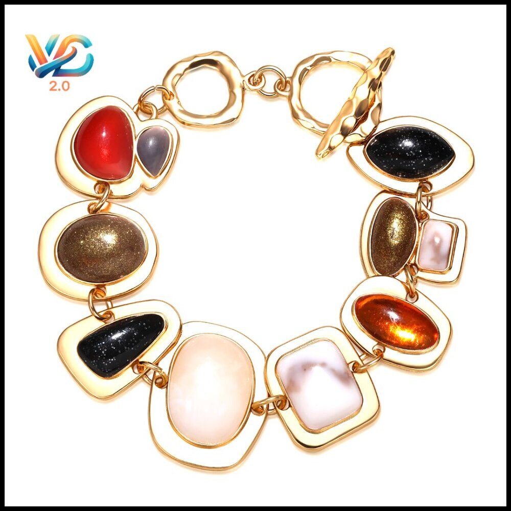 Gold Multi-Gemstone Charm Bracelet Vintage Elegant Adjustable Chain Jewelry